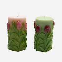 Bougie pilier en cire non parfumée en forme de tulipe gravée, grande - Assortie