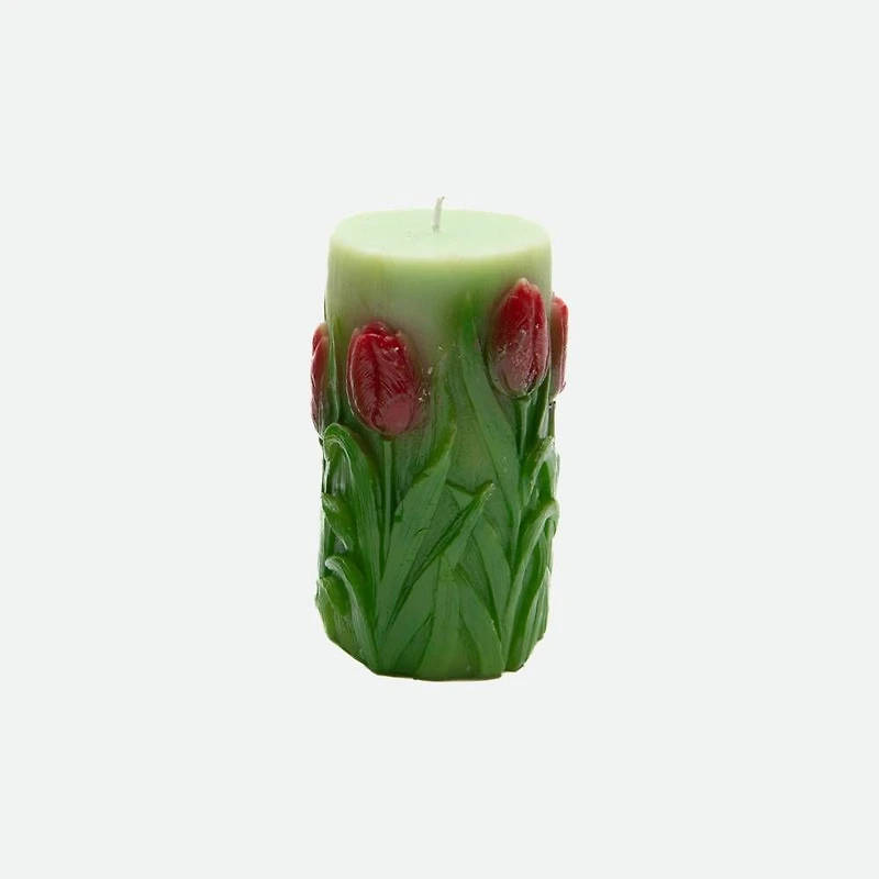 Bougie pilier sans parfum en forme de tulipes gravées, moyenne - Assortie