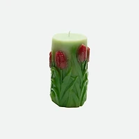 Bougie pilier sans parfum en forme de tulipes gravées, moyenne - Assortie