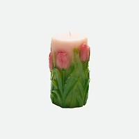 Bougie pilier sans parfum en forme de tulipes gravées, moyenne - Assortie
