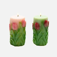 Bougie pilier sans parfum en forme de tulipes gravées, moyenne - Assortie