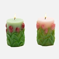 Bougie pilier non parfumée en forme de tulipes gravées, petite - Assortie