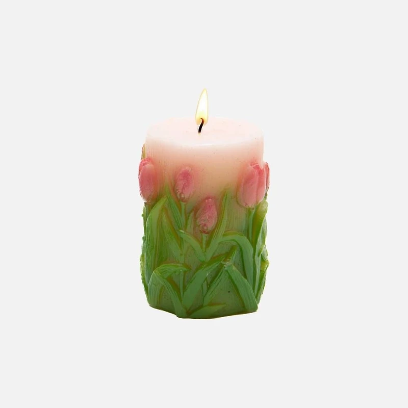 Bougie pilier non parfumée en forme de tulipes gravées, petite - Assortie