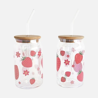 Strawberry Print Glasses With Straw, Set of 2 