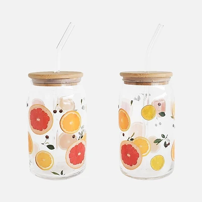 Orange Print Glasses With Straw, Set of 2 