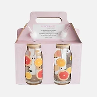 Orange Print Glasses With Straw, Set of 2 