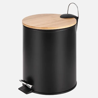 Black Step Bin with Slim Bamboo Lid Powder Coating Body, 5L