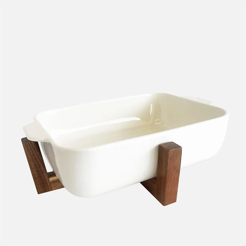 JS Gourmet Ceramic Serving Bowl With Acacia Wood Stand 