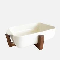 JS Gourmet Ceramic Serving Bowl With Acacia Wood Stand 