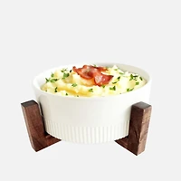 JS Gourmet Round Ceramic Serving Bowl With Acacia Wood Stand