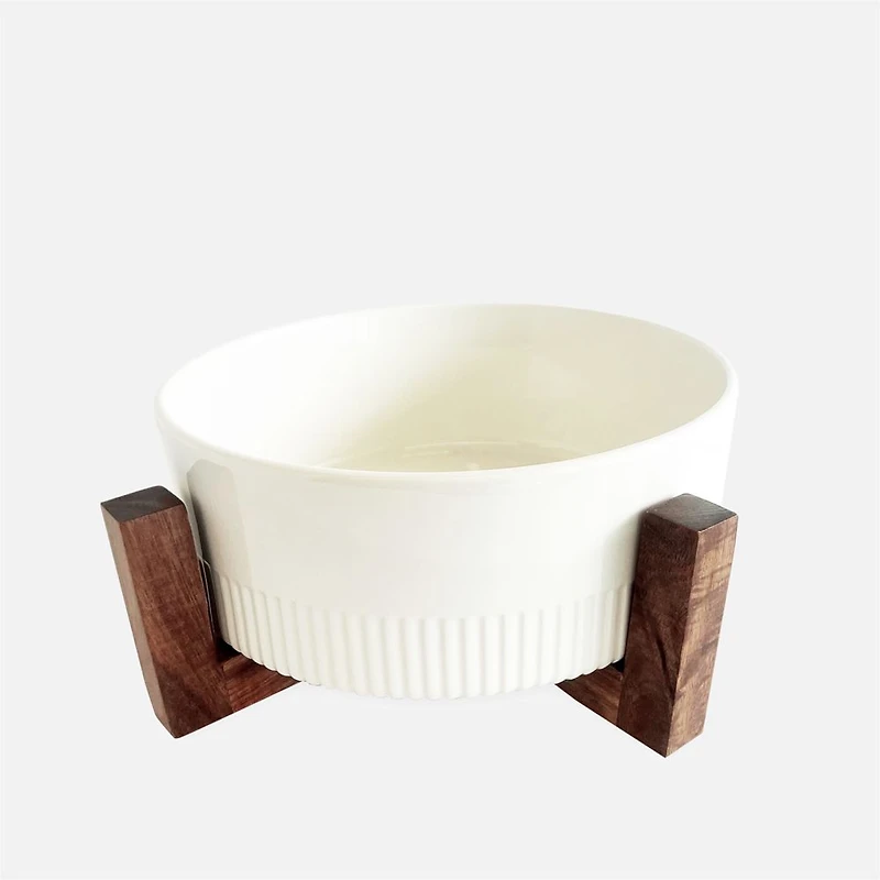 JS Gourmet Round Ceramic Serving Bowl With Acacia Wood Stand