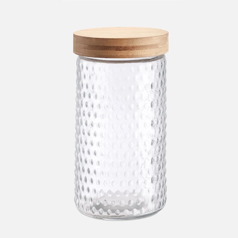 Pot en verre embossé avec couvercle en bambou - 1,3 L