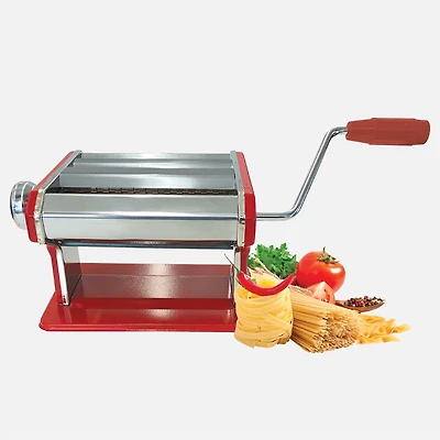 JS GOURMET Manual Pasta Machine in Red Stainless Steel