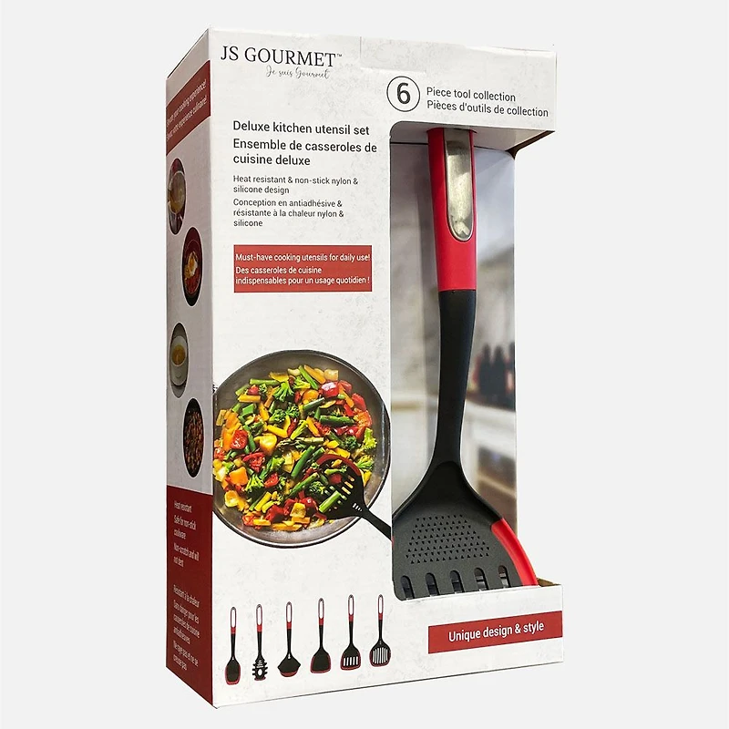JS Gourmet Kitchen Utensils with Red Handles, Set of 6 Pieces