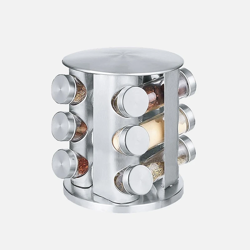 JS Gourmet 12 Glass Spice Jars with Stainless Steel Rotating Rack