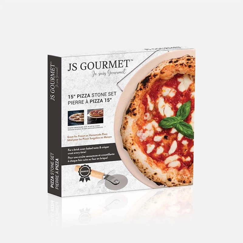 JS GOURMET Ensemble de pierre à pizza, coupe-pizza et support avec design en relief, 38 cm