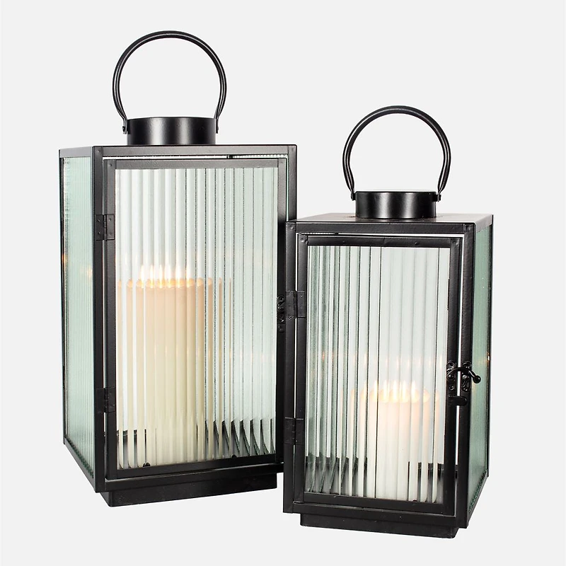 Square Large Lantern with Fluted Glass - Black