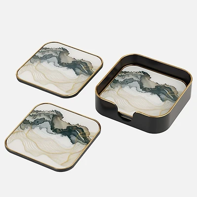 Torre and Tagus Savoy Gold Square Coasters, Set of 4 - White Marble