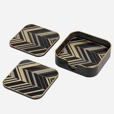 Torre and Tagus Savoy Herringbone Gold Trim Square Coaster, Set of 4
