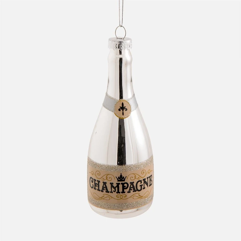 Champagne Bottle Ornament, Silver - 5”