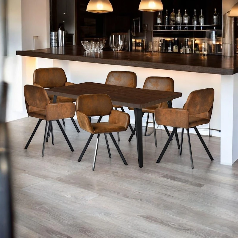 Dining Set with Brown Swivel Chairs, Set of 7 - Dark Brown