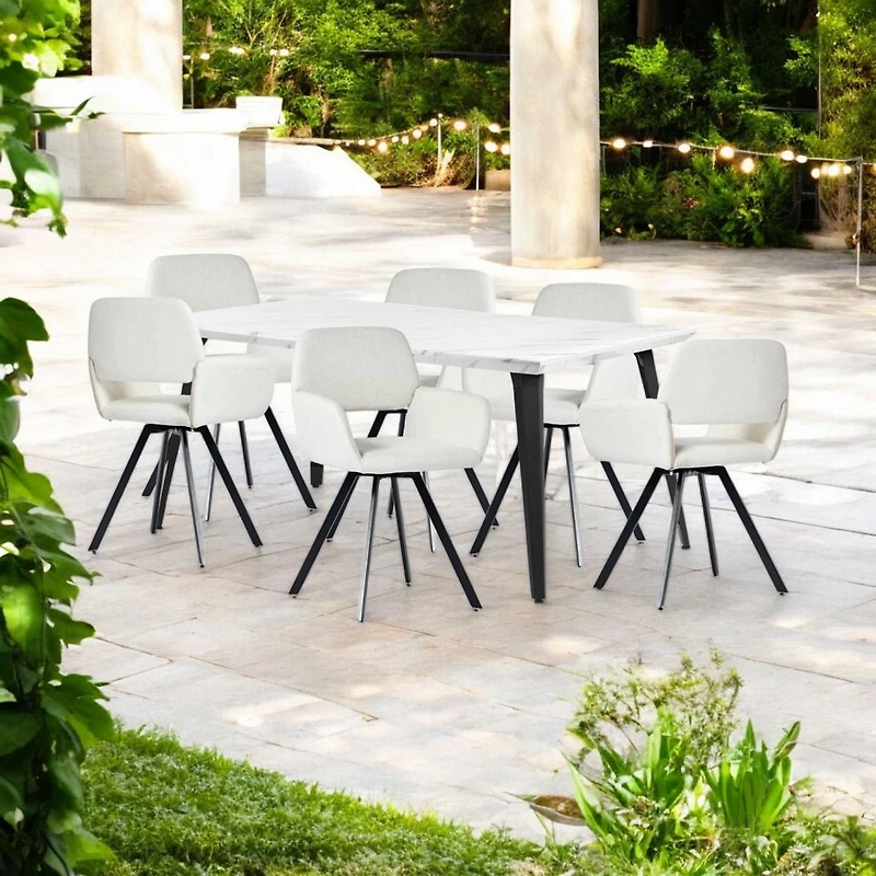 Marble Finish Dining Set with Beige Swivel Chairs, Set of 7