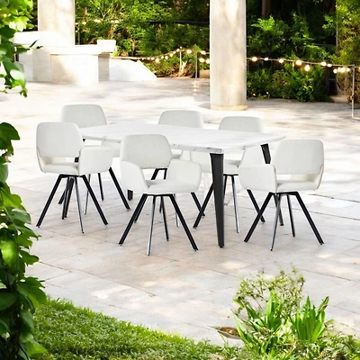 Marble Finish Dining Set with Beige Swivel Chairs, Set of 7