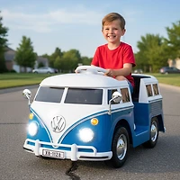 Voiture à pédales 12 V sous licence Volkswagen, bus à pédales, porte-gobelet et phares à LED, pour les 3 ans et plus - Bleu