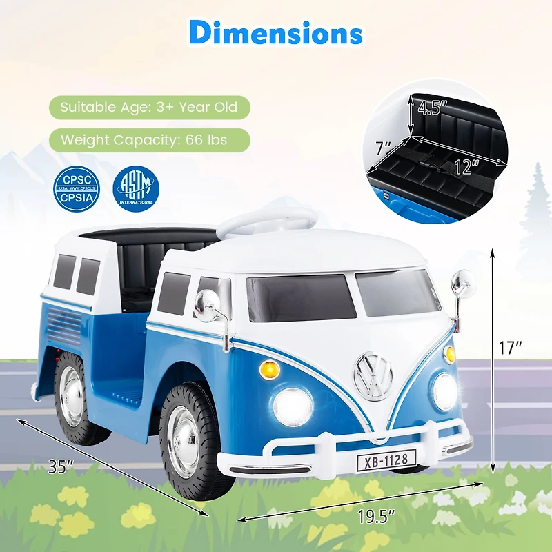 12V Ride On Car Licensed Volkswagen Ride-on Bus, Cup Holder and LED Headlights for 3+ Years Old - Blue