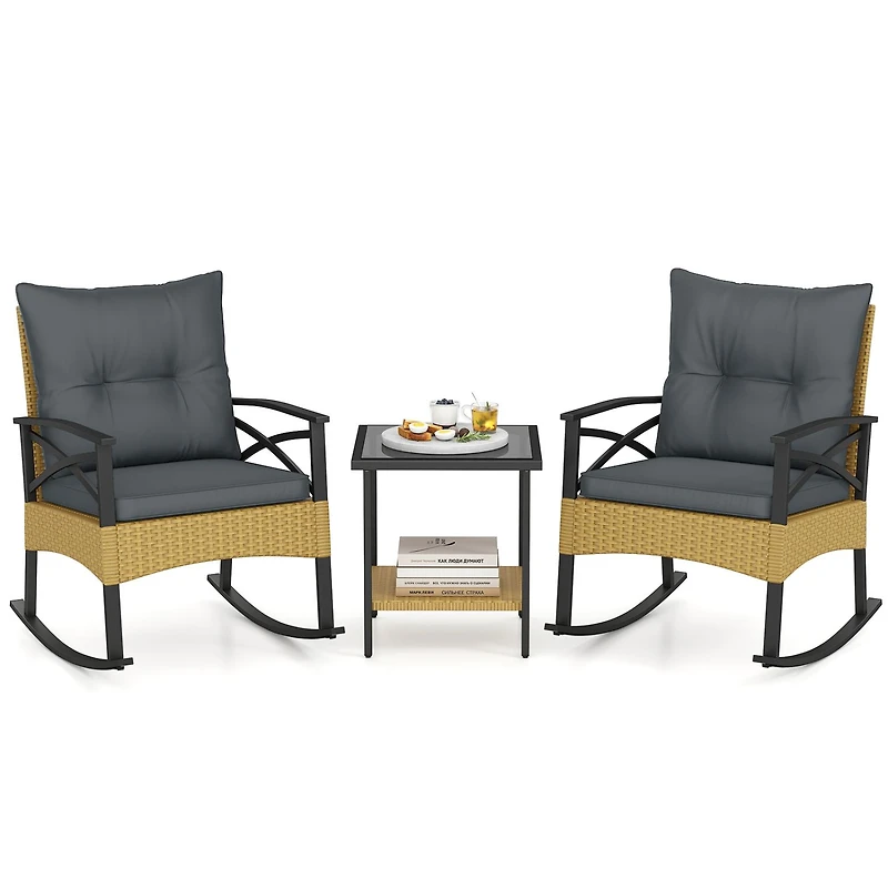 Ensemble de 3 fauteuils à bascule d'extérieur en rotin, table d'appoint à deux niveaux pour jardin ou arrière-cour - Gris