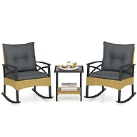 Ensemble de 3 fauteuils à bascule d'extérieur en rotin, table d'appoint à deux niveaux pour jardin ou arrière-cour - Gris