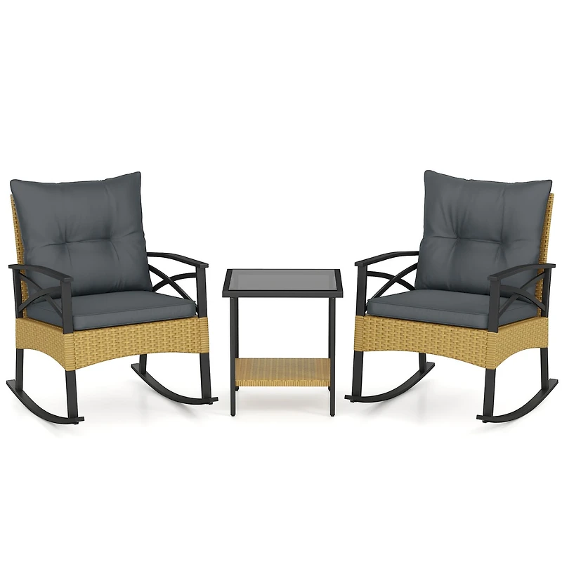 3-Piece Outdoor Rattan Rocking Chairs Set, 2-Tier Side Table for Garden Backyard - Gray