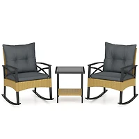 3-Piece Outdoor Rattan Rocking Chairs Set, 2-Tier Side Table for Garden Backyard - Gray