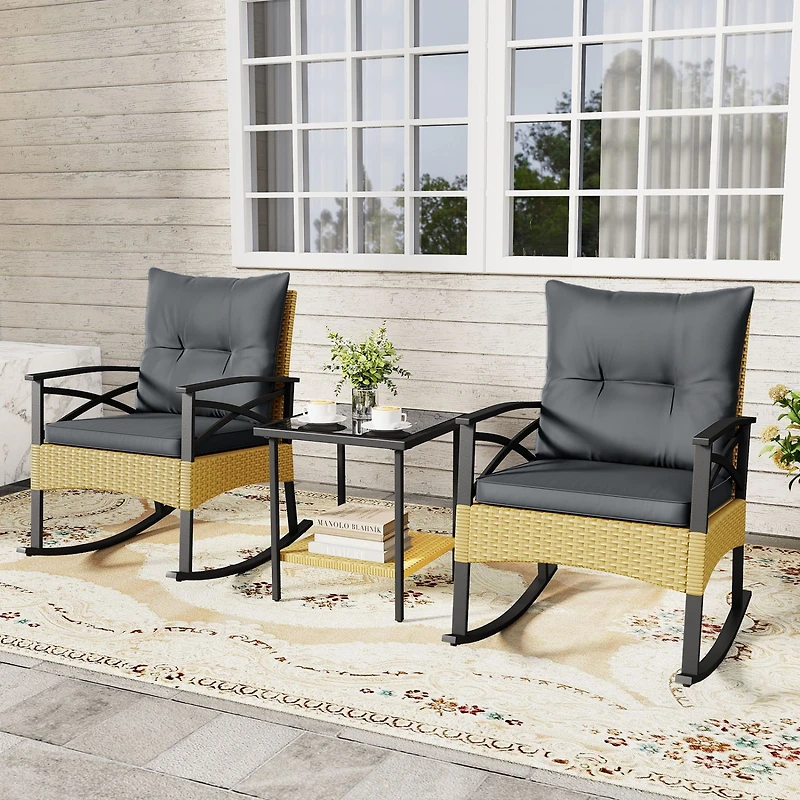 Ensemble de 3 fauteuils à bascule d'extérieur en rotin, table d'appoint à deux niveaux pour jardin ou arrière-cour - Gris