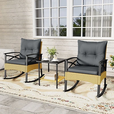 Ensemble de 3 fauteuils à bascule d'extérieur en rotin, table d'appoint à deux niveaux pour jardin ou arrière-cour - Gris