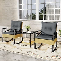 Ensemble de 3 fauteuils à bascule d'extérieur en rotin, table d'appoint à deux niveaux pour jardin ou arrière-cour - Gris