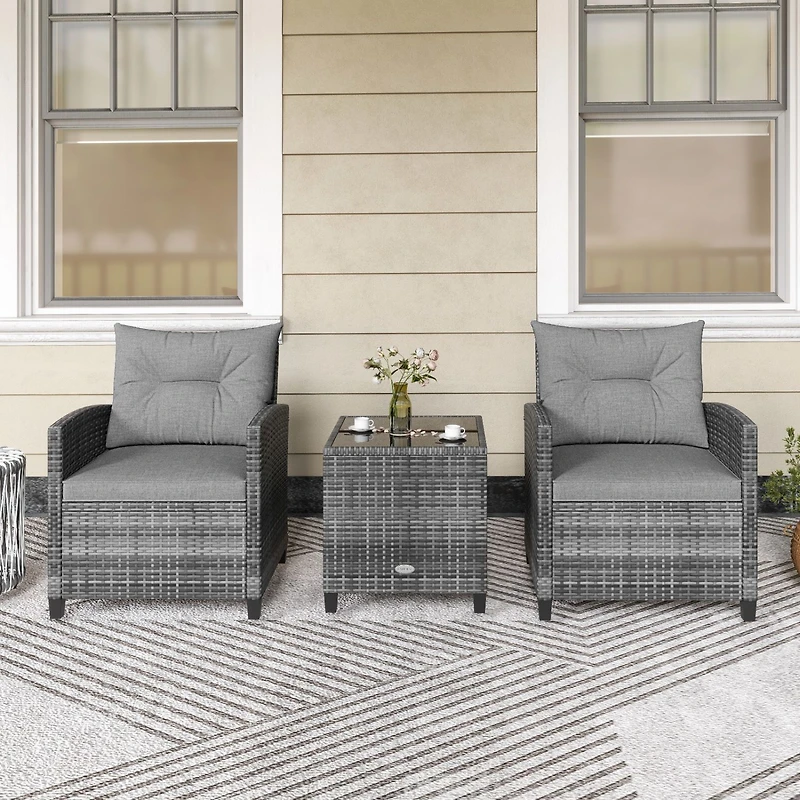 3-Piece Outdoor Wicker Conversation Set, Tempered Glass Tabletop