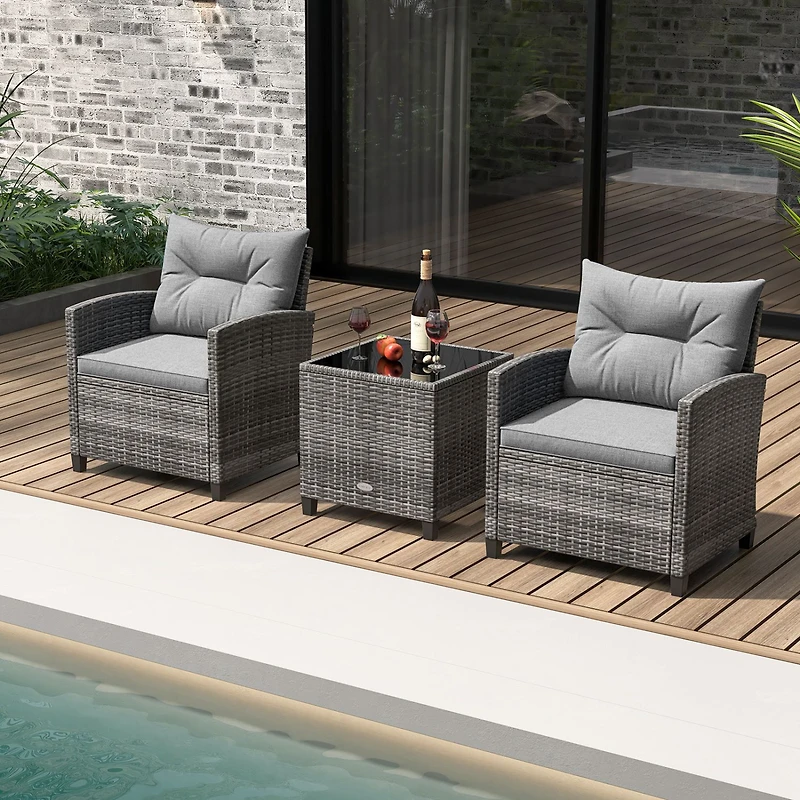 3-Piece Outdoor Wicker Conversation Set, Tempered Glass Tabletop