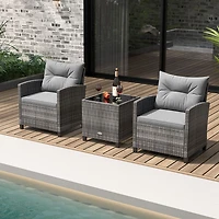 3-Piece Outdoor Wicker Conversation Set, Tempered Glass Tabletop