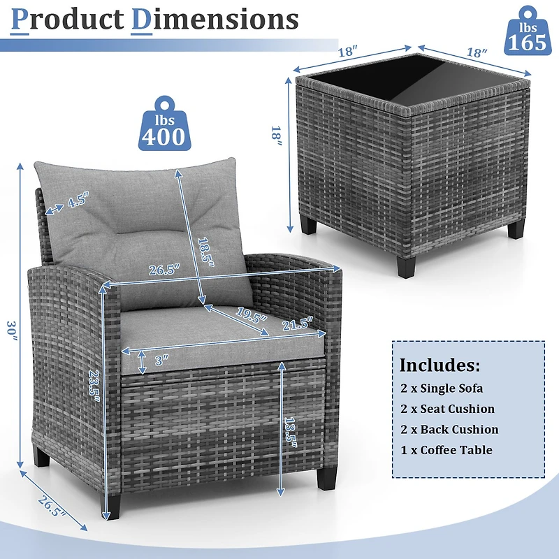 3-Piece Outdoor Wicker Conversation Set, Tempered Glass Tabletop