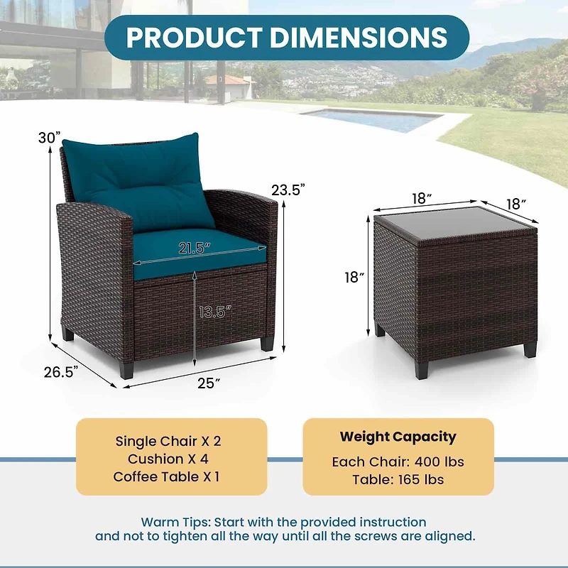 3-Piece Cushioned Rattan Patio Conversation Set, Coffee Table