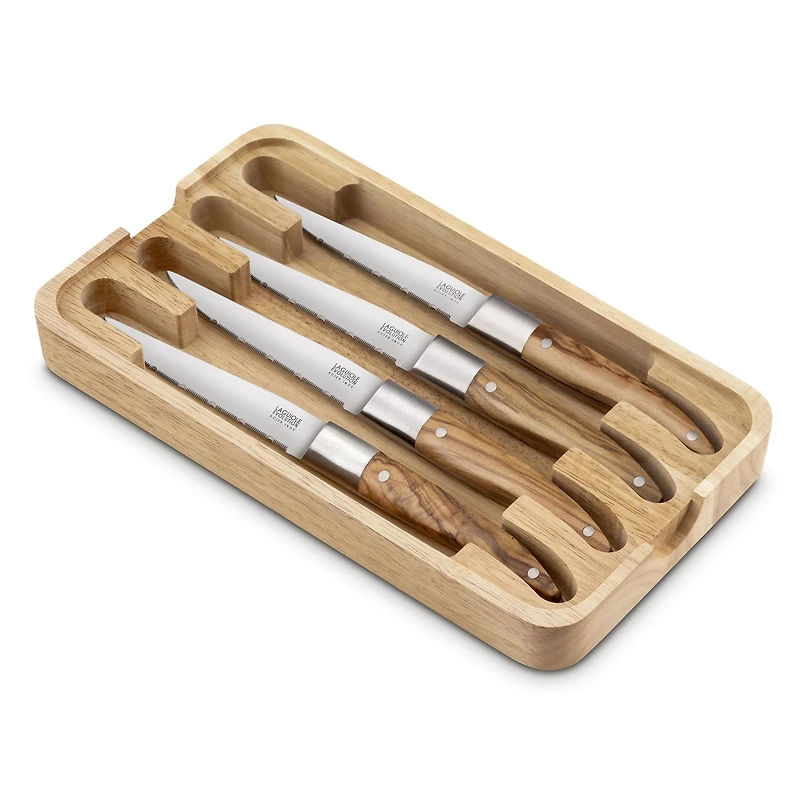 Laguiole Expression Steak Knife with Olive Wood Handle, Forged Stainless Steel Blade - Set of 4