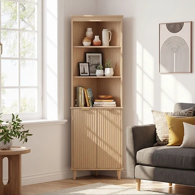 68" Tall Corner Cabinet, Fluted Doors for Bathroom - Oak
