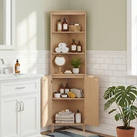 68" Tall Corner Cabinet, Fluted Doors for Bathroom - Oak