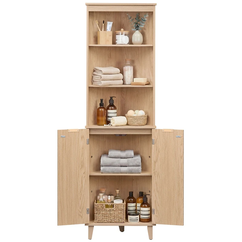 68" Tall Corner Cabinet, Fluted Doors for Bathroom - Oak