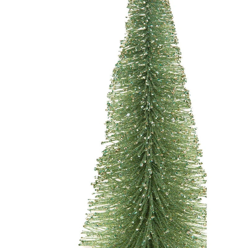 Arbre décoratif en bois vert et argent avec base en bois