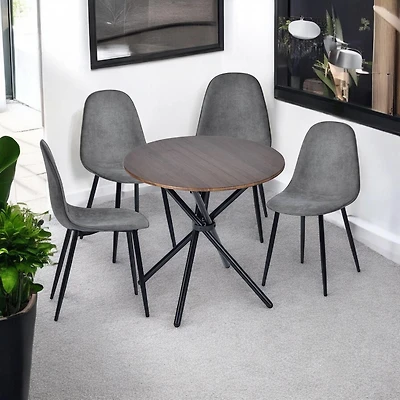 Modern 5-Piece Round Espresso Dining Set with Grey Chairs