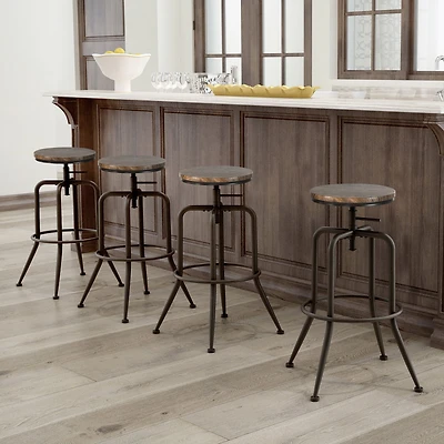 Set of 4 Rustic Oak Swivel Barstools Adjustable Height