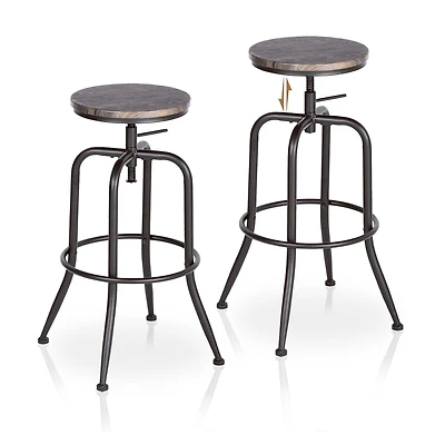 Set of 4 Rustic Oak Swivel Barstools Adjustable Height