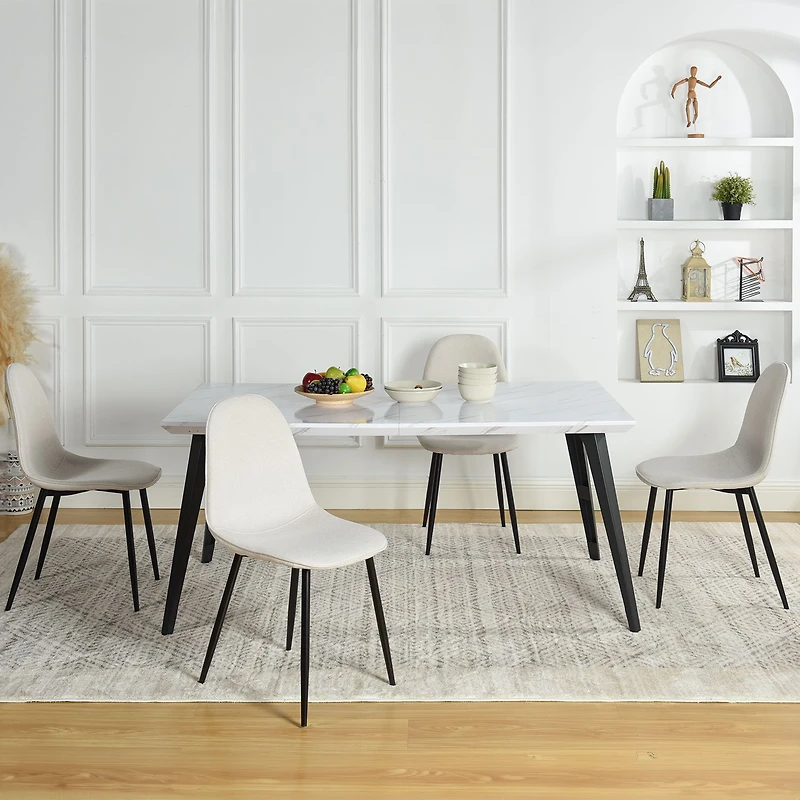 Maison Classique Dining Set Including Marble White Dining Table with Beige Dining Chairs, 5 Pieces  